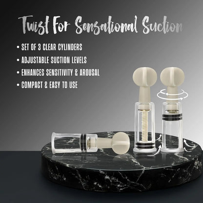 Temptasia Clit and Nipple Twist Suckers 3-Piece Set Clear  Fetish - Nipple Clips Clamps & Suckers