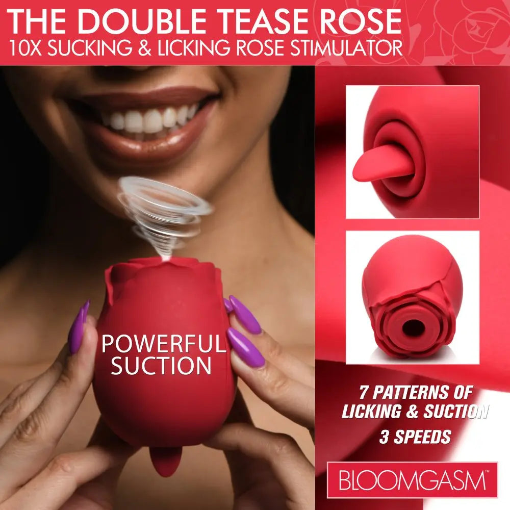 The Double Tease Rose Toy 10X Sucking and Licking Silicone Stimulator  Licking Vibrator
