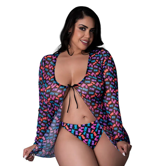 Tie Front Lounge Shirt and Thong Set Gummy Bears Queen Size  Lingerie - Club Wear