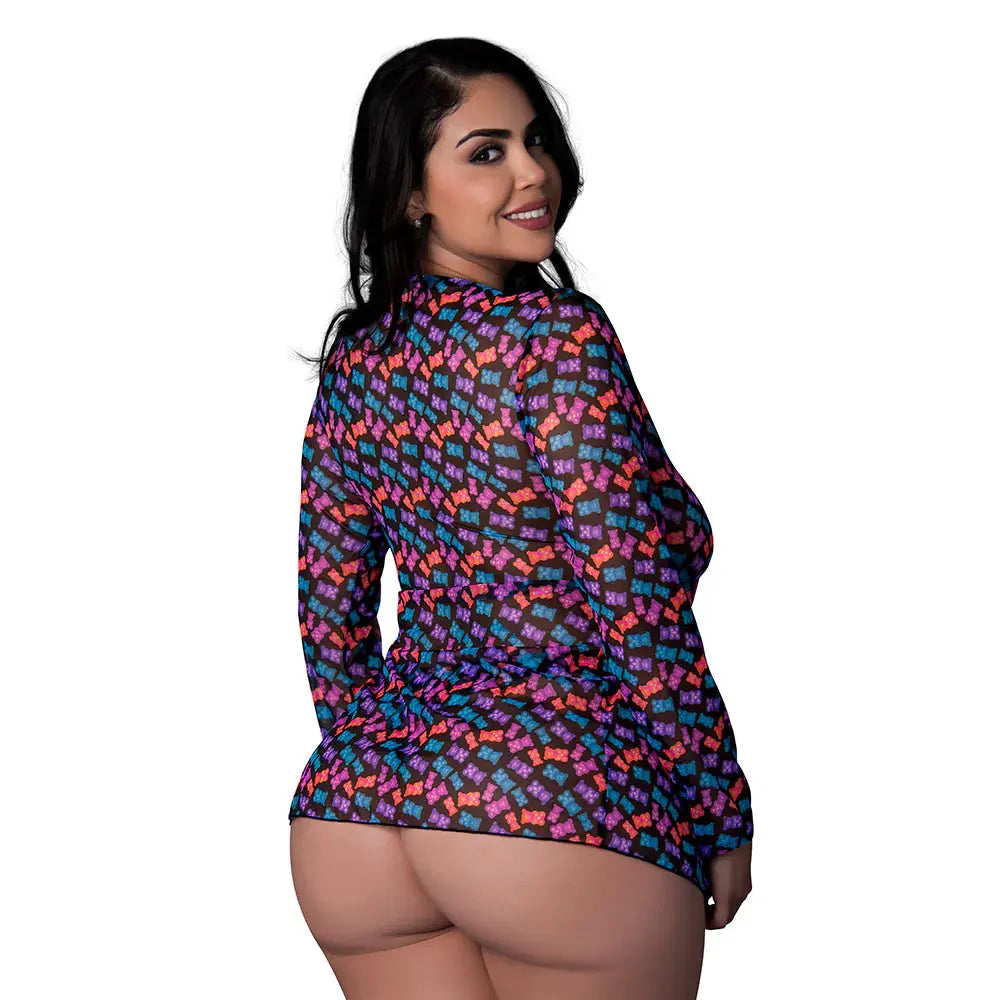 Tie Front Lounge Shirt and Thong Set Gummy Bears Queen Size  Lingerie - Club Wear