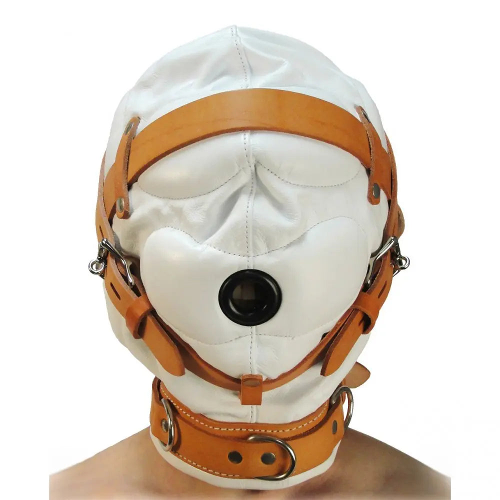 Total Sensory Deprivation White Leather Bondage Hood - Medium / Large  Bondage Hood