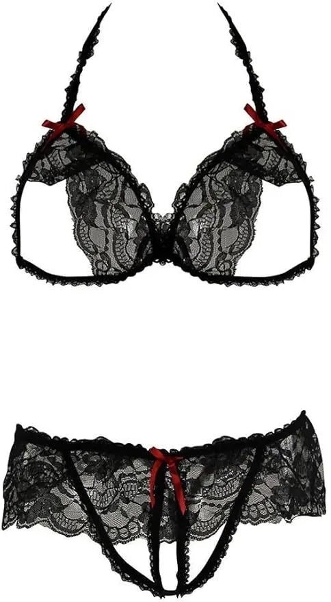 Valentines Day Lingerie Rene Rofe 2-piece Lace Peek-A-Boo Bra & Crotchless Panty Set Black S/M  Lingerie - Bra and Panty sets