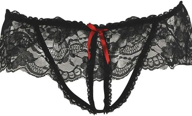 Valentines Day Lingerie Rene Rofe 2-piece Lace Peek-A-Boo Bra & Crotchless Panty Set Black S/M  Lingerie - Bra and Panty sets