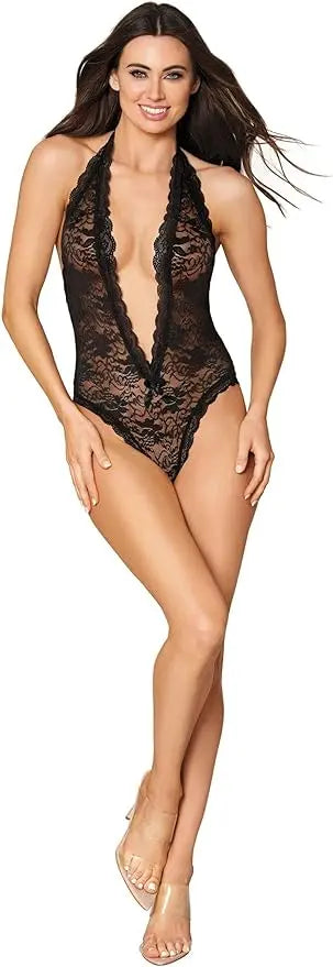 Valentines Day Lingerie Stretch Lace Halter Teddy With Plunging Neckline Black OS  Lingerie - Baby dolls Chemises etc