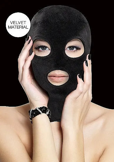 Velvet Bondage Hood Full-Head Mask With Eye and Mouth Opening Black  Bondage Hood