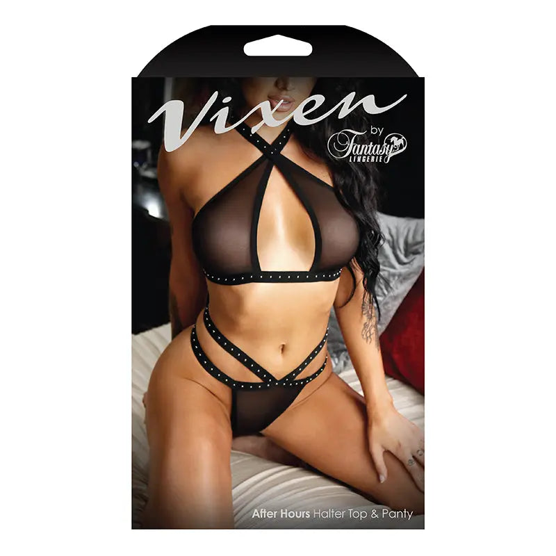 Vixen After Hours Studded Halter Top & Panty Black L/XL  Lingerie - Bra and Panty sets