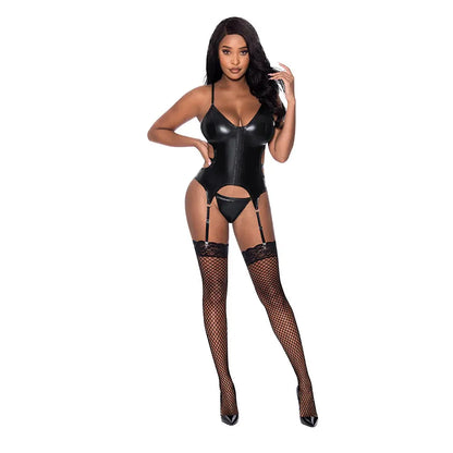 Wet Look Lingerie Basque and Cheeky Panty Black L / XL  Lingerie - Corsets
