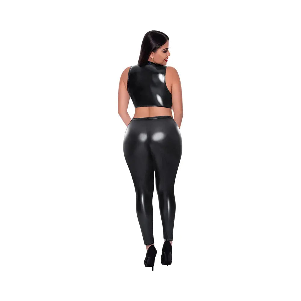 Wet Look Sexy Plus Size Outfit Open Vest and Leggings Black Queen  Lingerie - Club Wear