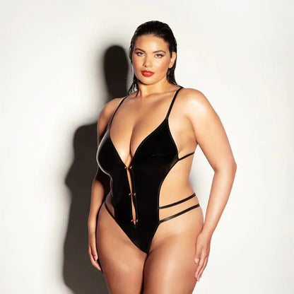 Wet Look Soft Cup Open Gusset Vinyl Teddy with Barbell Trim Queen Size  Lingerie - Baby dolls Chemises etc