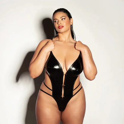 Wet Look Soft Cup Open Gusset Vinyl Teddy with Barbell Trim Queen Size  Lingerie - Baby dolls Chemises etc