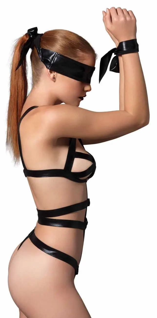 3 Piece Wet Look Bondage G-String Teddy with Restraints - Bound By Desire