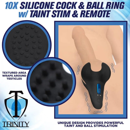 10X Vibrating Silicone Cock Ring with Taint Stim and Remote 