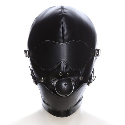 black leather bondage hood with eye mask mouth plug