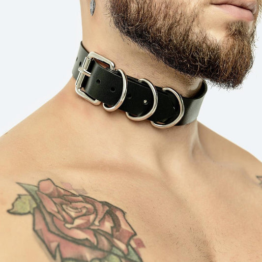 Unisex Solid Black Play Collar with 3 D-Rings BDSM Collar for Man or Womann 